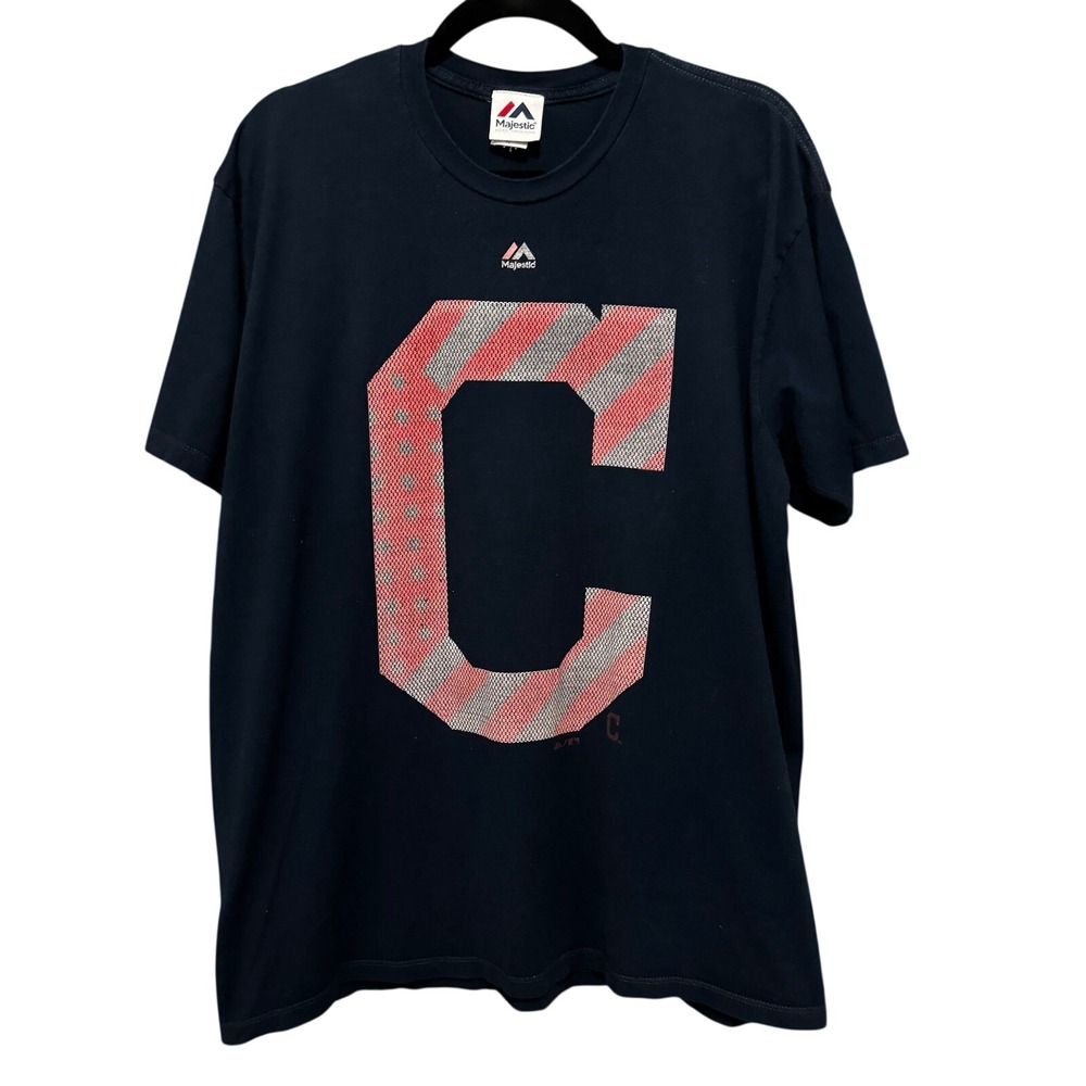 Majestic T-Shirt Mens XL Navy Blue Good Cleveland Guardians MLB Stars Stripes C‎